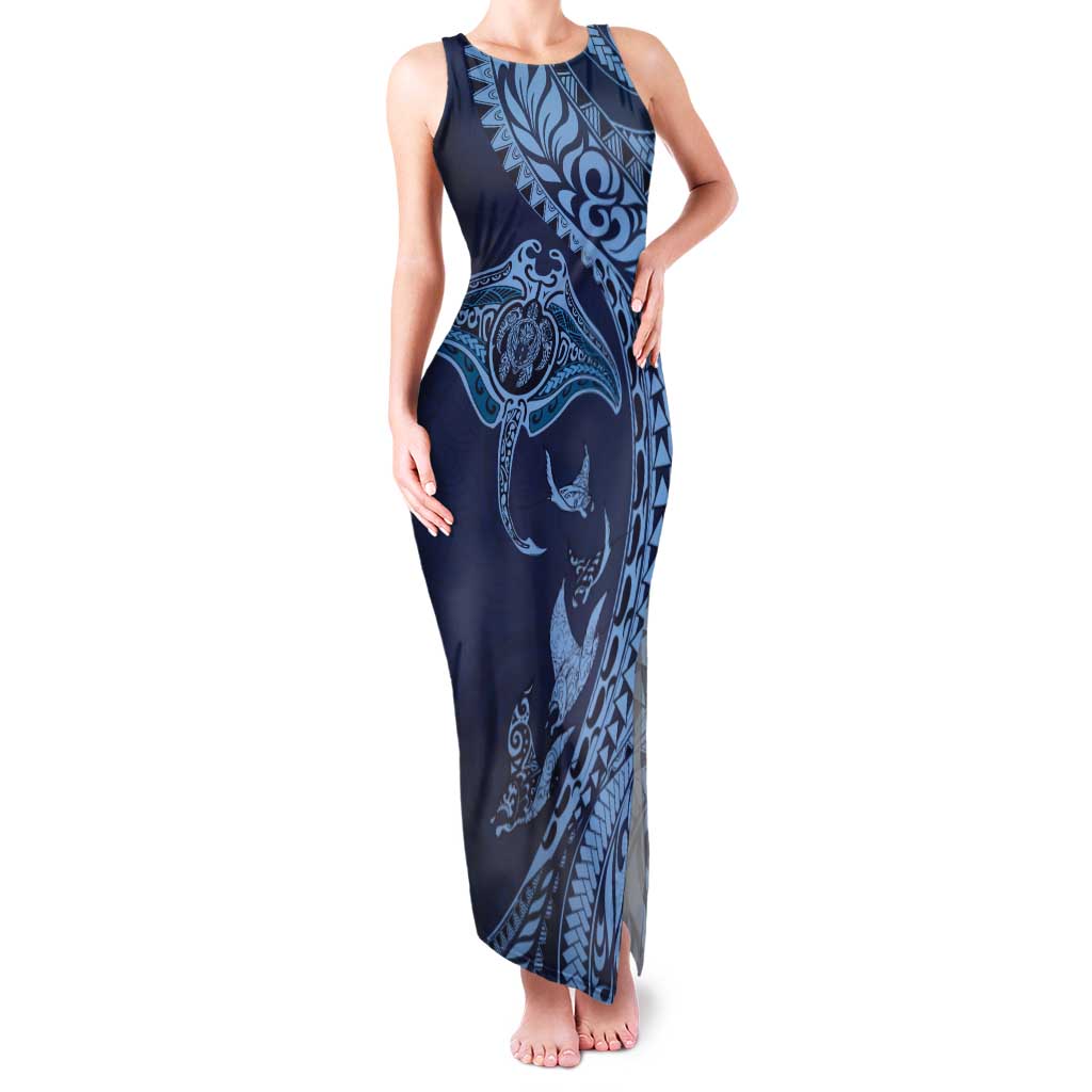 Hawaiian Manta Ray and Polynesian Tribal Tattoo Family Matching Tank Maxi Dress and Hawaiian Shirt Dark Navy Color LT03 Mom's Dress Dark Navy - Polynesian Pride