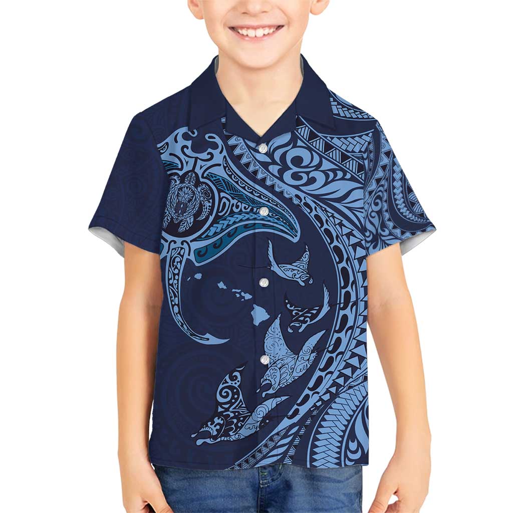 Hawaiian Manta Ray and Polynesian Tribal Tattoo Family Matching Tank Maxi Dress and Hawaiian Shirt Dark Navy Color LT03 Son's Shirt Dark Navy - Polynesian Pride