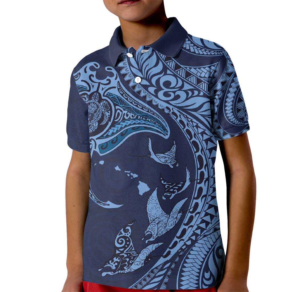 Hawaiian Manta Ray and Polynesian Tribal Tattoo Kid Polo Shirt Dark Navy Color LT03