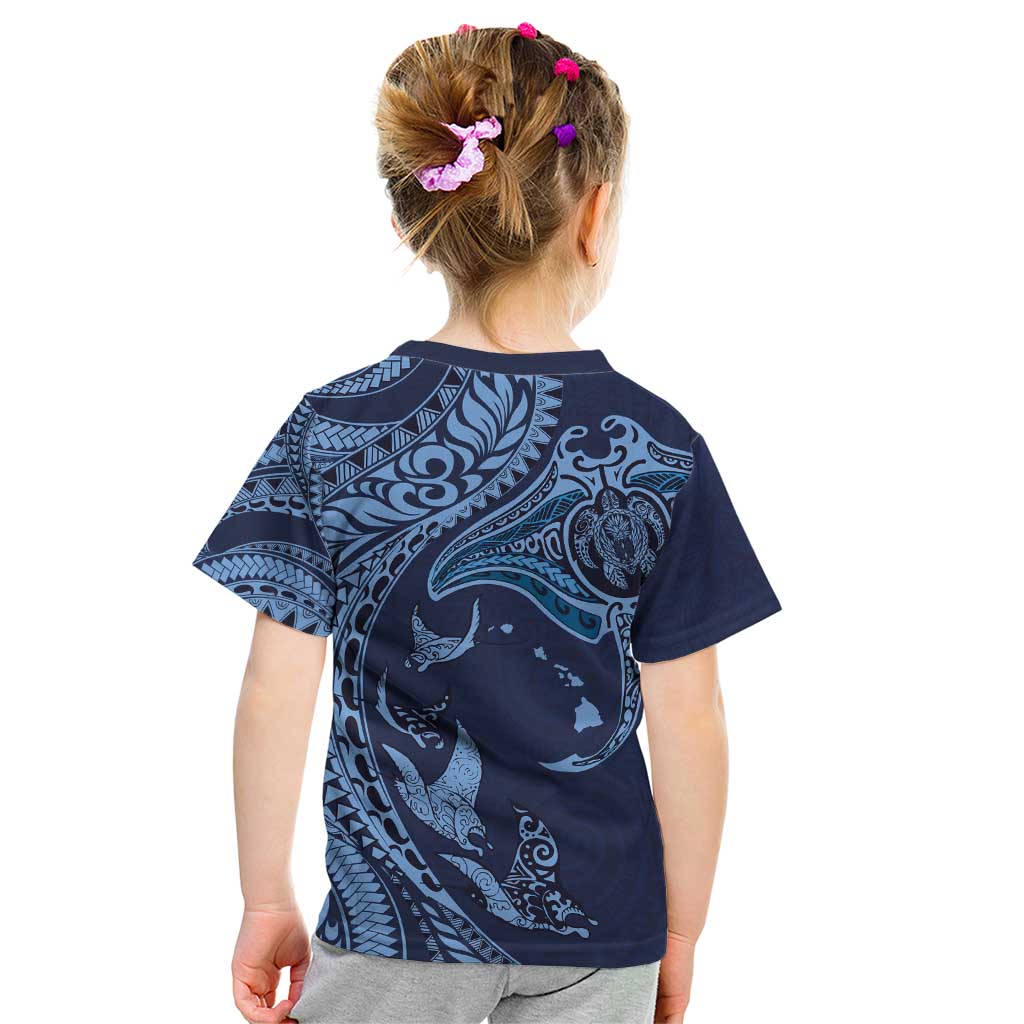 Hawaiian Manta Ray and Polynesian Tribal Tattoo Kid T Shirt Dark Navy Color LT03