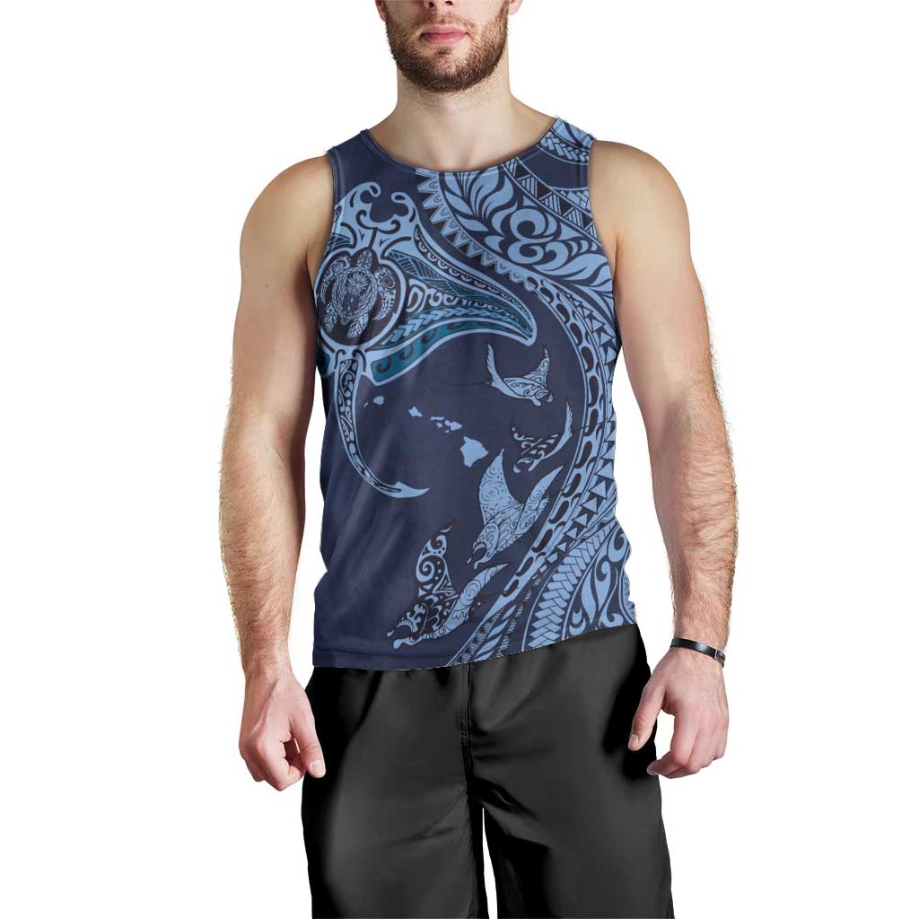 Hawaiian Manta Ray and Polynesian Tribal Tattoo Men Tank Top Dark Navy Color LT03