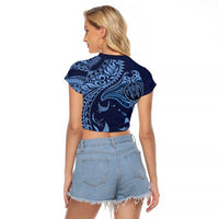 Hawaiian Manta Ray and Polynesian Tribal Tattoo Raglan Cropped T Shirt Dark Navy Color LT03