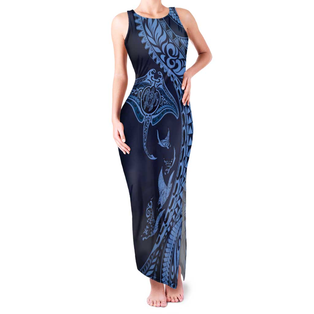 Hawaiian Manta Ray and Polynesian Tribal Tattoo Tank Maxi Dress Dark Navy Color LT03