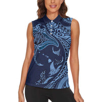Hawaiian Manta Ray and Polynesian Tribal Tattoo Women Sleeveless Polo Shirt Dark Navy Color LT03