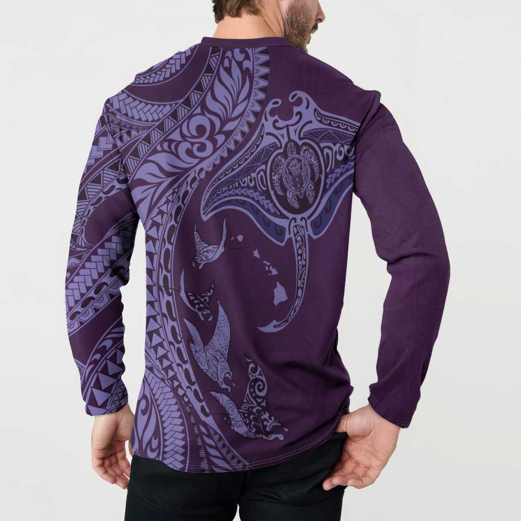 Hawaiian Manta Ray and Polynesian Tribal Tattoo Button Sweatshirt Purple Color LT03