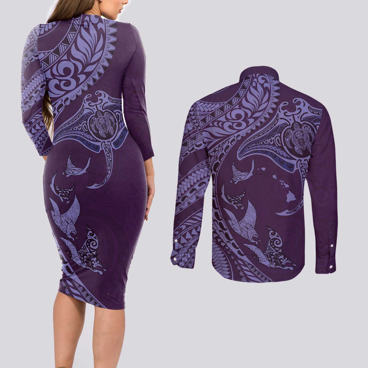 Hawaiian Manta Ray and Polynesian Tribal Tattoo Couples Matching Long Sleeve Bodycon Dress and Long Sleeve Button Shirt Purple Color LT03