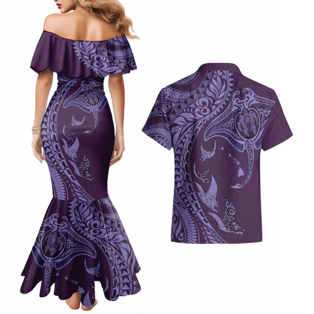 Hawaiian Manta Ray and Polynesian Tribal Tattoo Couples Matching Mermaid Dress and Hawaiian Shirt Purple Color LT03 - Polynesian Pride
