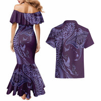 Hawaiian Manta Ray and Polynesian Tribal Tattoo Couples Matching Mermaid Dress and Hawaiian Shirt Purple Color LT03 - Polynesian Pride