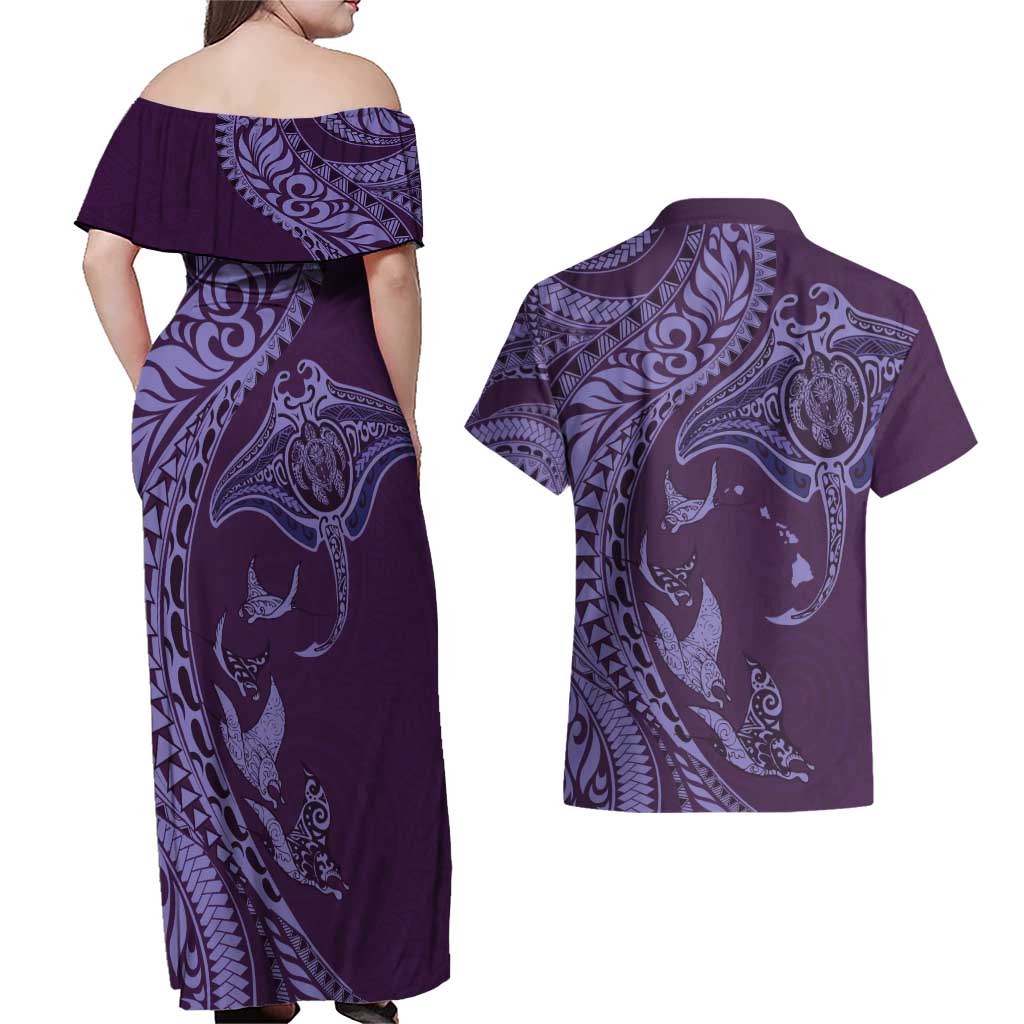 Hawaiian Manta Ray and Polynesian Tribal Tattoo Couples Matching Off Shoulder Maxi Dress and Hawaiian Shirt Purple Color LT03 - Polynesian Pride