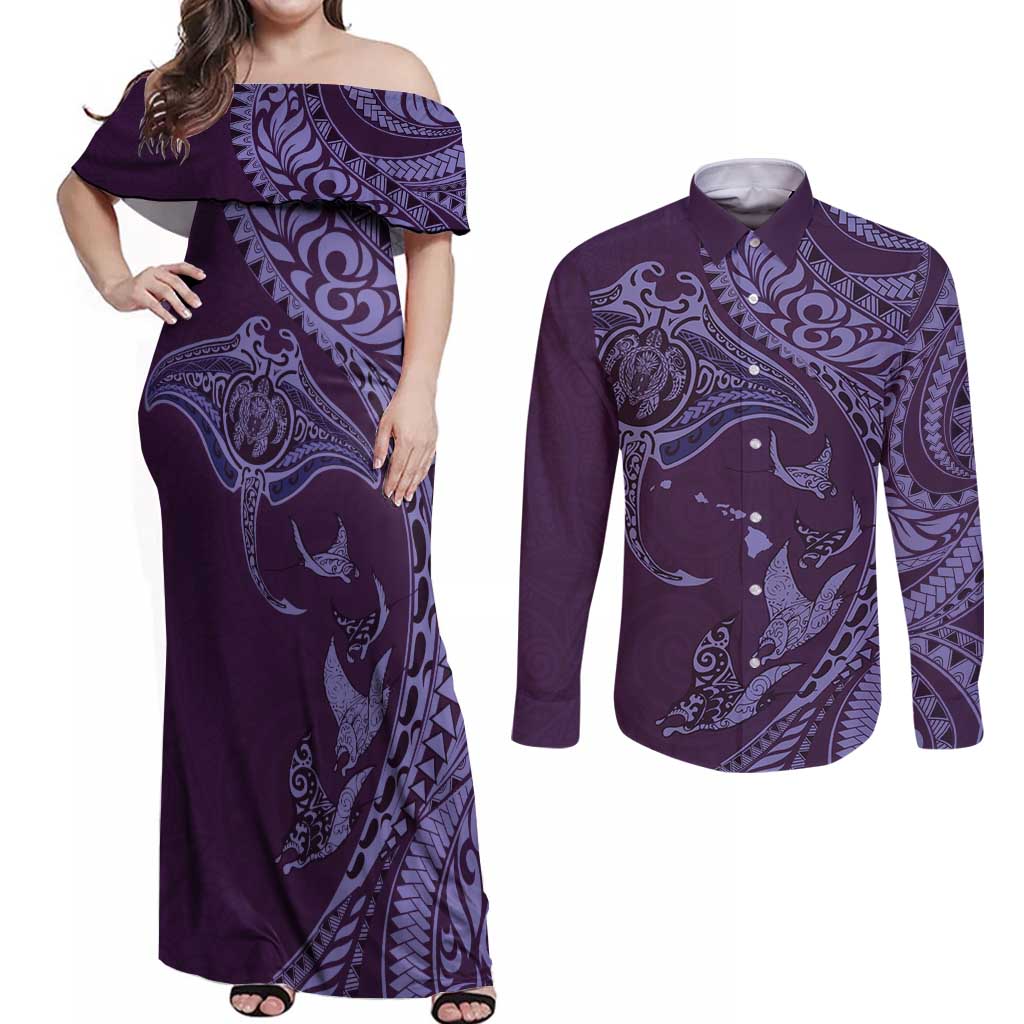 Hawaiian Manta Ray and Polynesian Tribal Tattoo Couples Matching Off Shoulder Maxi Dress and Long Sleeve Button Shirt Purple Color LT03