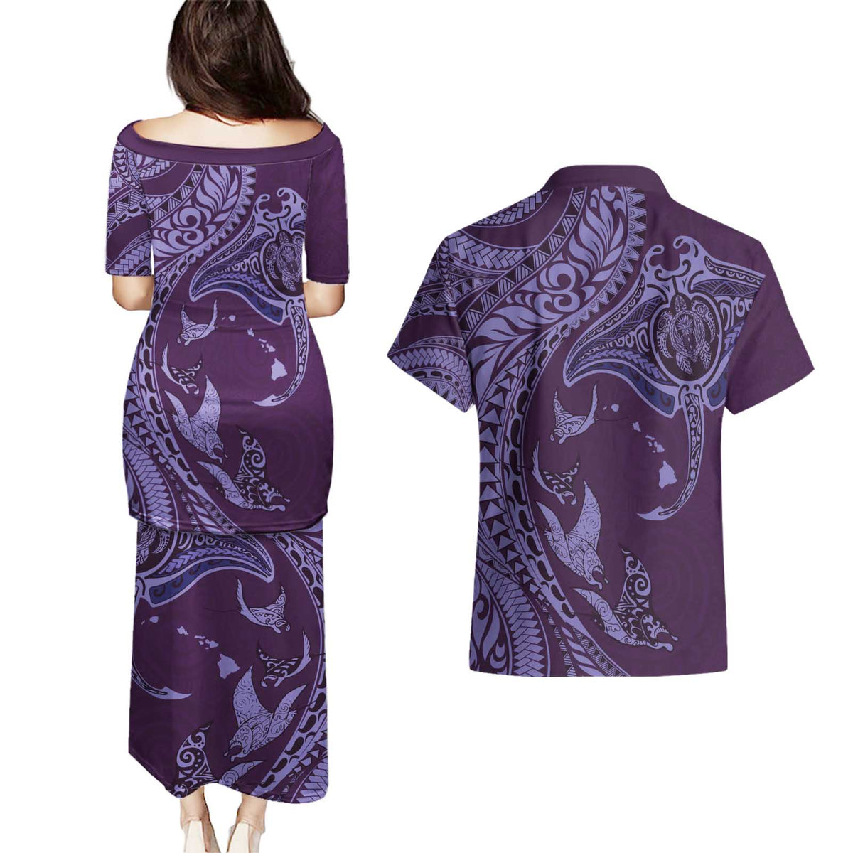 Hawaiian Manta Ray and Polynesian Tribal Tattoo Couples Matching Puletasi and Hawaiian Shirt Purple Color LT03