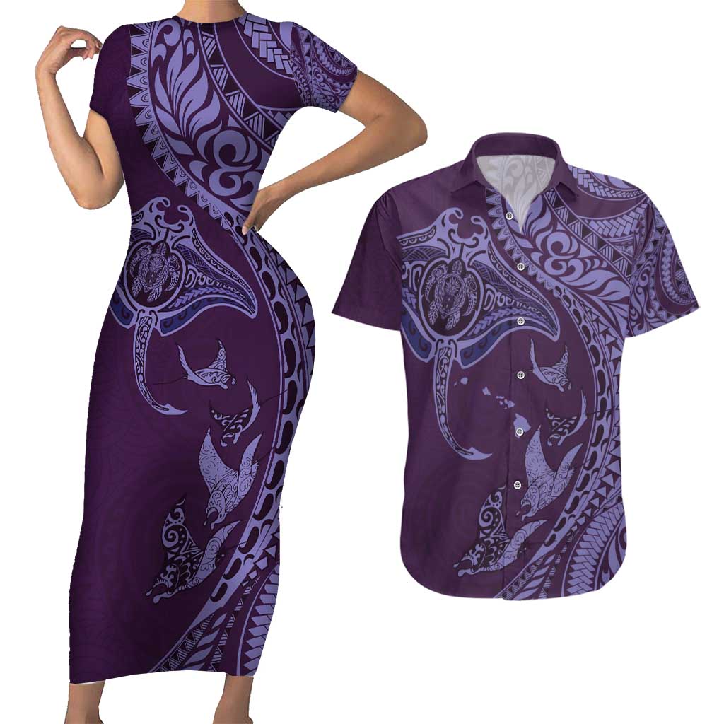 Hawaiian Manta Ray and Polynesian Tribal Tattoo Couples Matching Short Sleeve Bodycon Dress and Hawaiian Shirt Purple Color LT03 Purple - Polynesian Pride
