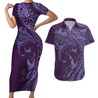 Hawaiian Manta Ray and Polynesian Tribal Tattoo Couples Matching Short Sleeve Bodycon Dress and Hawaiian Shirt Purple Color LT03 Purple - Polynesian Pride