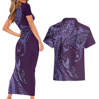 Hawaiian Manta Ray and Polynesian Tribal Tattoo Couples Matching Short Sleeve Bodycon Dress and Hawaiian Shirt Purple Color LT03 - Polynesian Pride