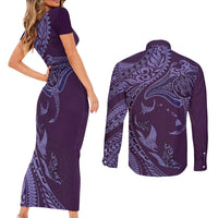 Hawaiian Manta Ray and Polynesian Tribal Tattoo Couples Matching Short Sleeve Bodycon Dress and Long Sleeve Button Shirt Purple Color LT03