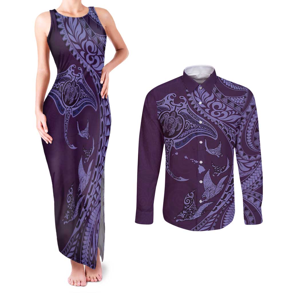 Hawaiian Manta Ray and Polynesian Tribal Tattoo Couples Matching Tank Maxi Dress and Long Sleeve Button Shirt Purple Color LT03