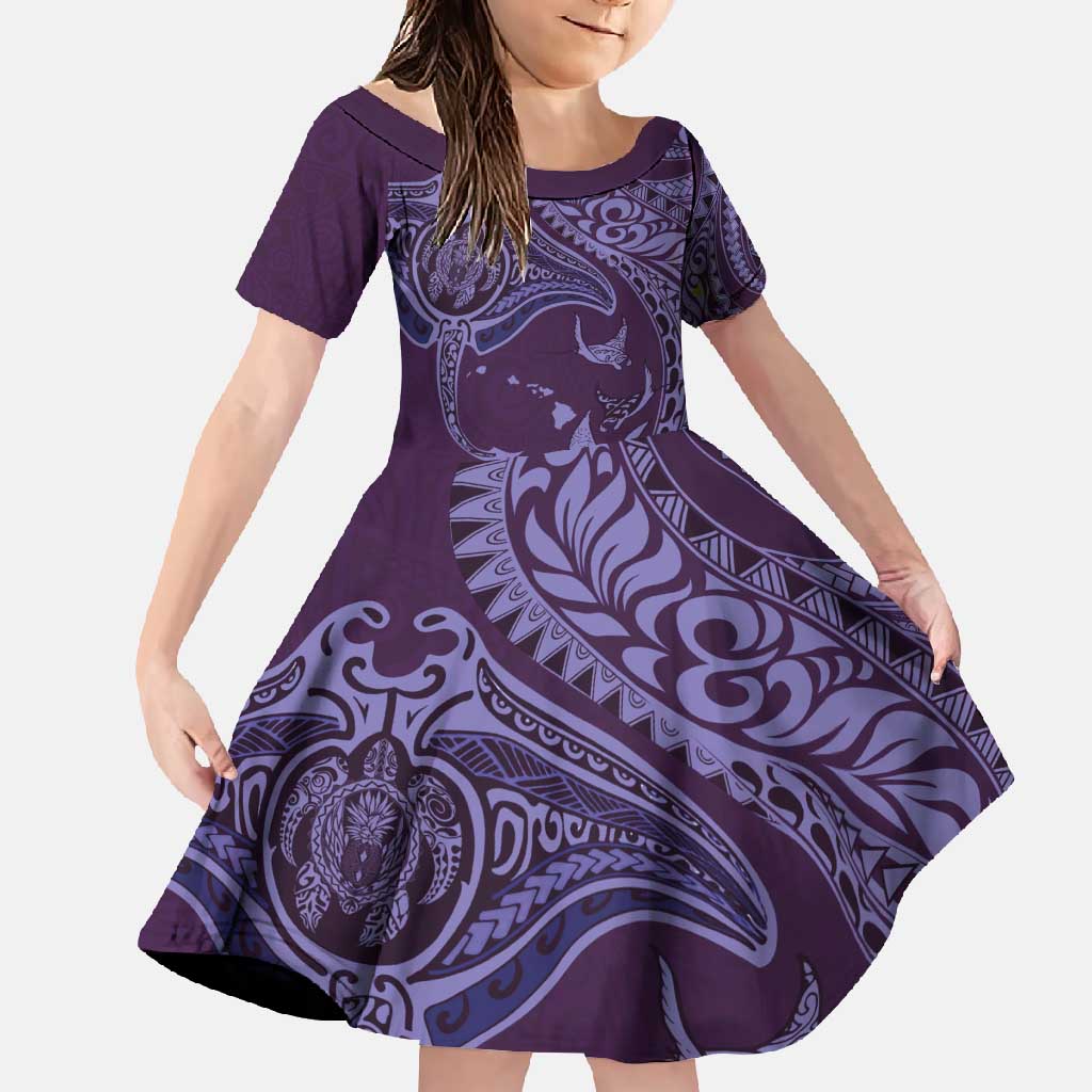 Hawaiian Manta Ray and Polynesian Tribal Tattoo Family Matching Long Sleeve Bodycon Dress and Hawaiian Shirt Purple Color LT03 Daughter's Dress Purple - Polynesian Pride