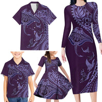 Hawaiian Manta Ray and Polynesian Tribal Tattoo Family Matching Long Sleeve Bodycon Dress and Hawaiian Shirt Purple Color LT03 - Polynesian Pride