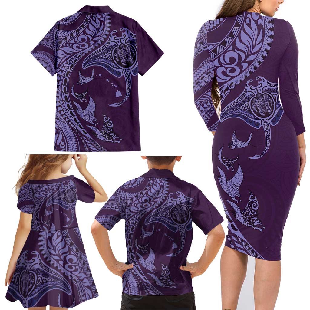 Hawaiian Manta Ray and Polynesian Tribal Tattoo Family Matching Long Sleeve Bodycon Dress and Hawaiian Shirt Purple Color LT03 - Polynesian Pride
