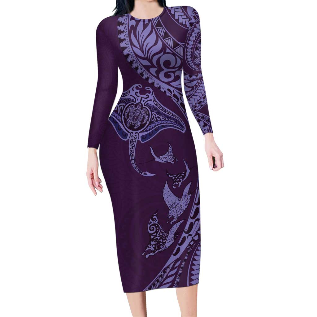 Hawaiian Manta Ray and Polynesian Tribal Tattoo Family Matching Long Sleeve Bodycon Dress and Hawaiian Shirt Purple Color LT03 Mom's Dress Purple - Polynesian Pride