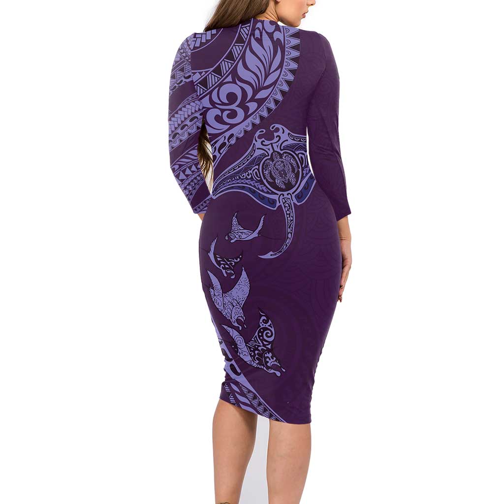 Hawaiian Manta Ray and Polynesian Tribal Tattoo Family Matching Long Sleeve Bodycon Dress and Hawaiian Shirt Purple Color LT03 - Polynesian Pride