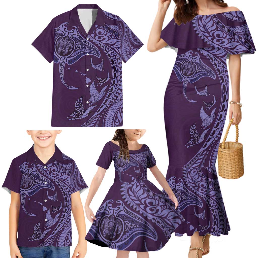 Hawaiian Manta Ray and Polynesian Tribal Tattoo Family Matching Mermaid Dress and Hawaiian Shirt Purple Color LT03 - Polynesian Pride