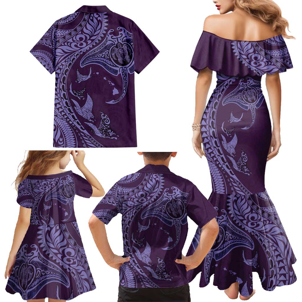 Hawaiian Manta Ray and Polynesian Tribal Tattoo Family Matching Mermaid Dress and Hawaiian Shirt Purple Color LT03 - Polynesian Pride