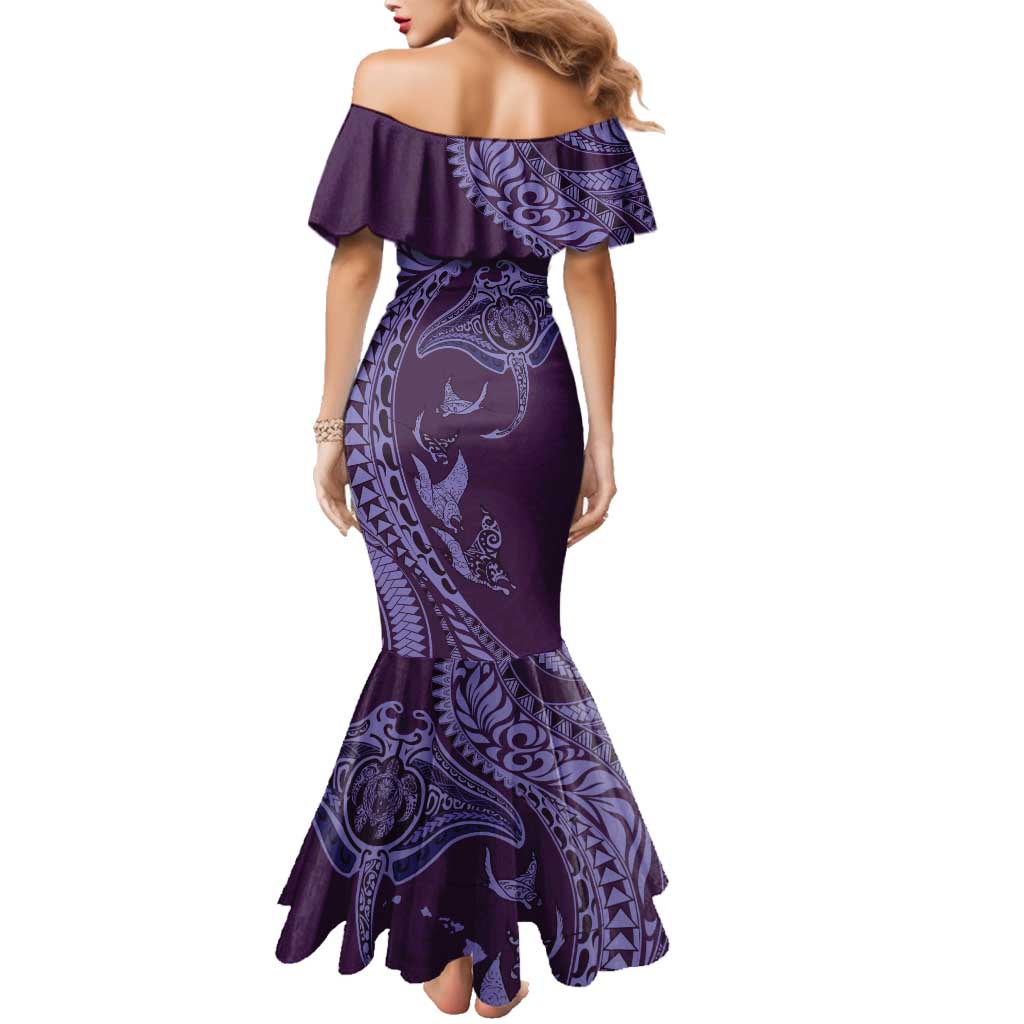 Hawaiian Manta Ray and Polynesian Tribal Tattoo Family Matching Mermaid Dress and Hawaiian Shirt Purple Color LT03 - Polynesian Pride