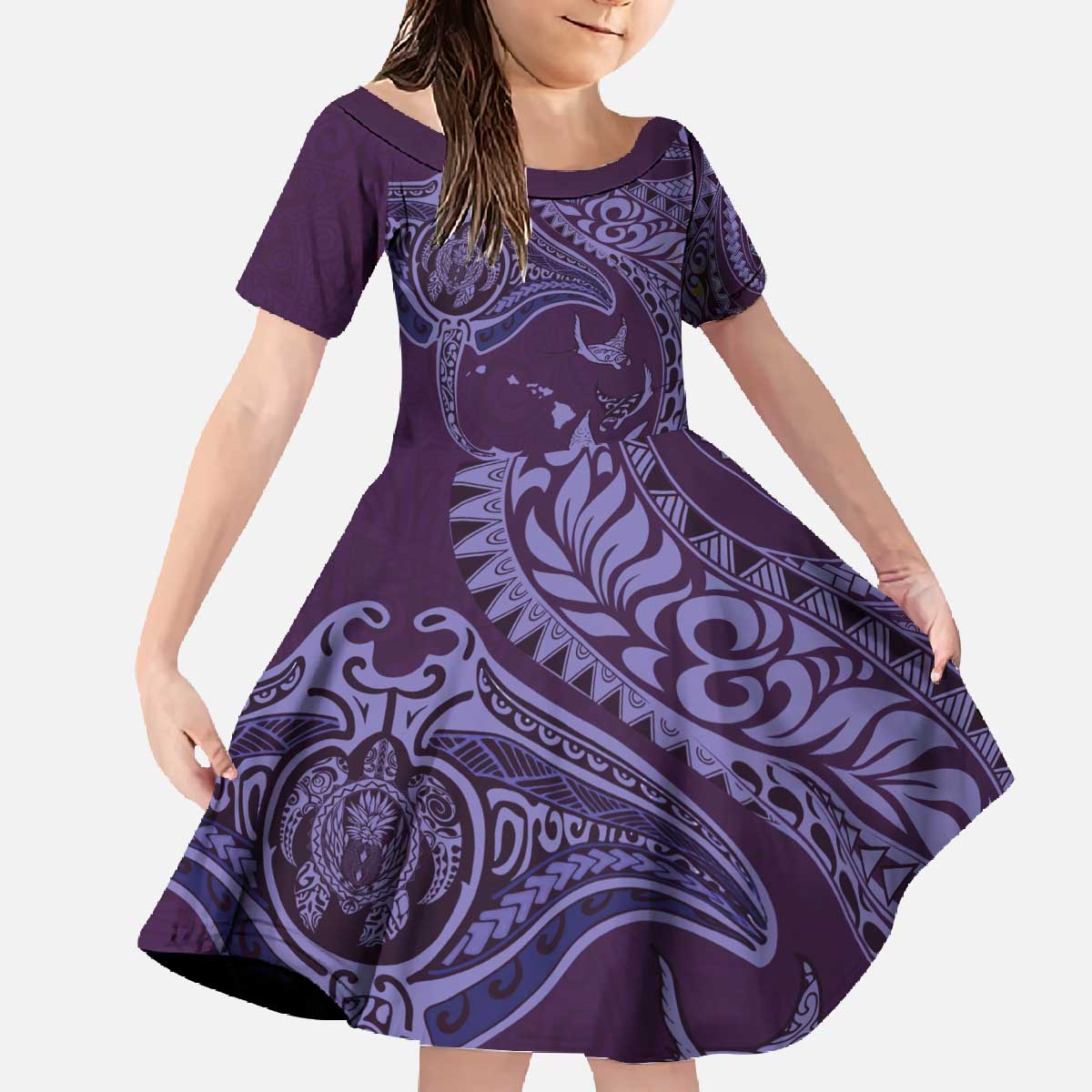 Hawaiian Manta Ray and Polynesian Tribal Tattoo Family Matching Off The Shoulder Long Sleeve Dress and Hawaiian Shirt Purple Color LT03 Daughter's Dress Purple - Polynesian Pride