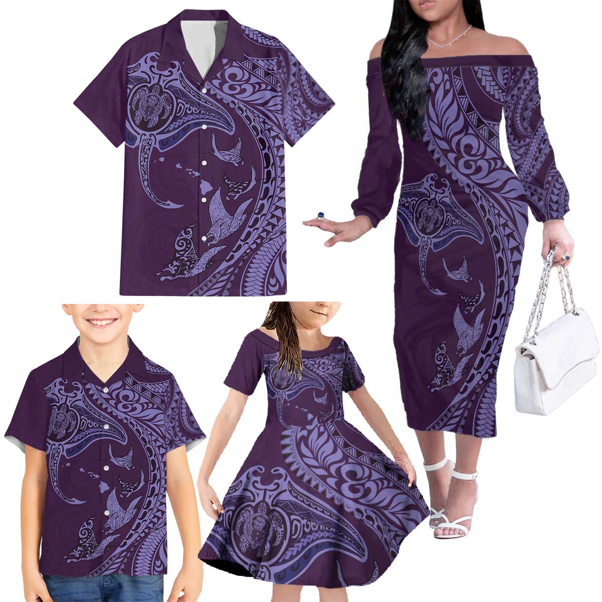 Hawaiian Manta Ray and Polynesian Tribal Tattoo Family Matching Off The Shoulder Long Sleeve Dress and Hawaiian Shirt Purple Color LT03 - Polynesian Pride
