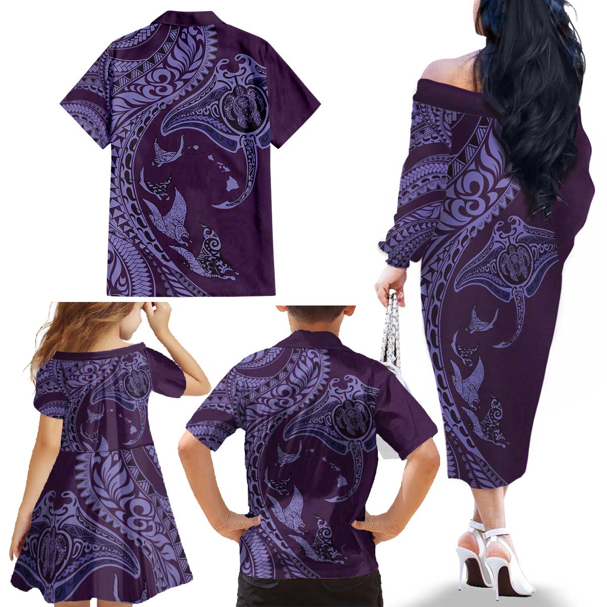 Hawaiian Manta Ray and Polynesian Tribal Tattoo Family Matching Off The Shoulder Long Sleeve Dress and Hawaiian Shirt Purple Color LT03 - Polynesian Pride