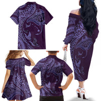 Hawaiian Manta Ray and Polynesian Tribal Tattoo Family Matching Off The Shoulder Long Sleeve Dress and Hawaiian Shirt Purple Color LT03 - Polynesian Pride