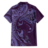 Hawaiian Manta Ray and Polynesian Tribal Tattoo Family Matching Off The Shoulder Long Sleeve Dress and Hawaiian Shirt Purple Color LT03 - Polynesian Pride