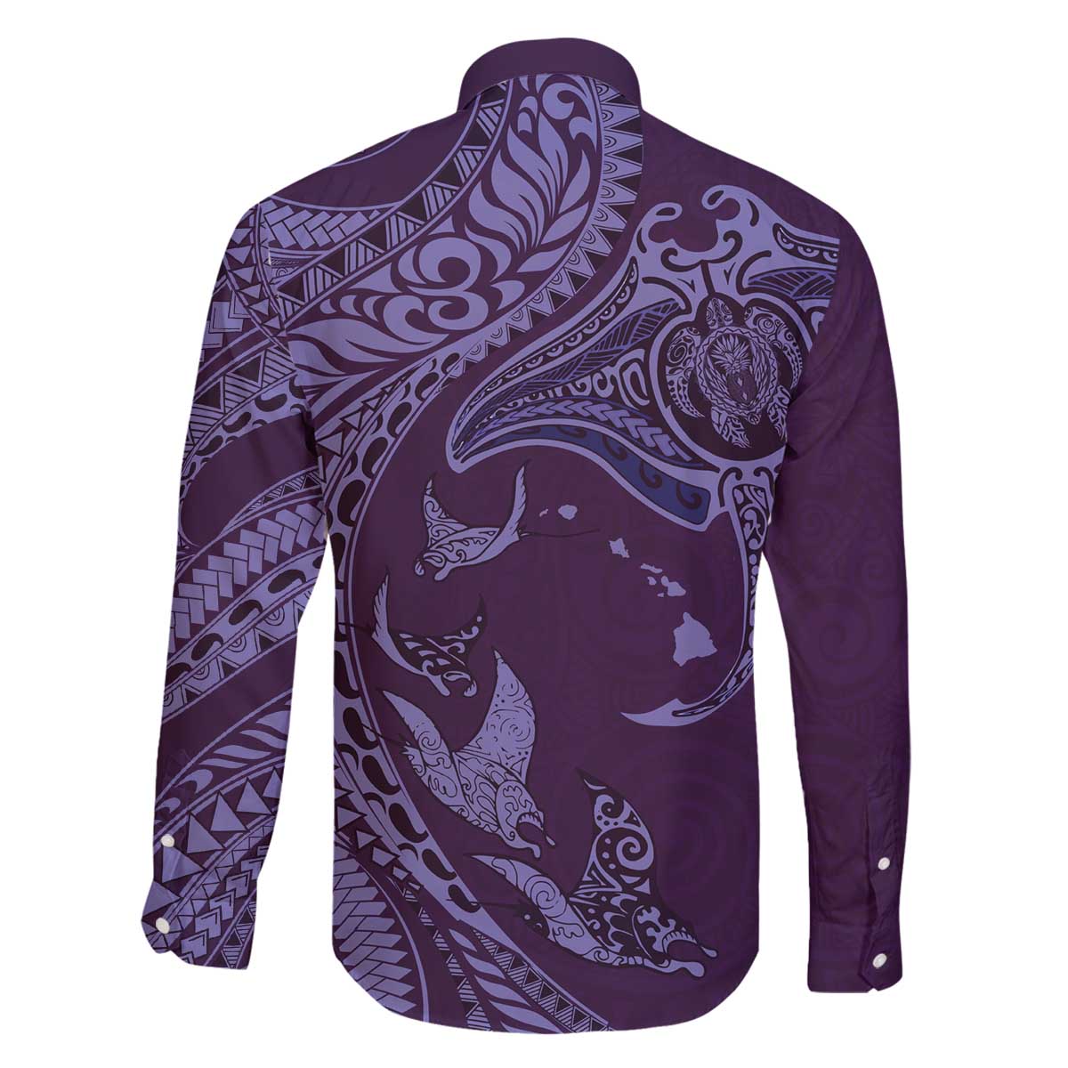 Hawaiian Manta Ray and Polynesian Tribal Tattoo Family Matching Off The Shoulder Long Sleeve Dress and Hawaiian Shirt Purple Color LT03 - Polynesian Pride