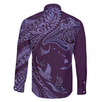 Hawaiian Manta Ray and Polynesian Tribal Tattoo Family Matching Off The Shoulder Long Sleeve Dress and Hawaiian Shirt Purple Color LT03 - Polynesian Pride