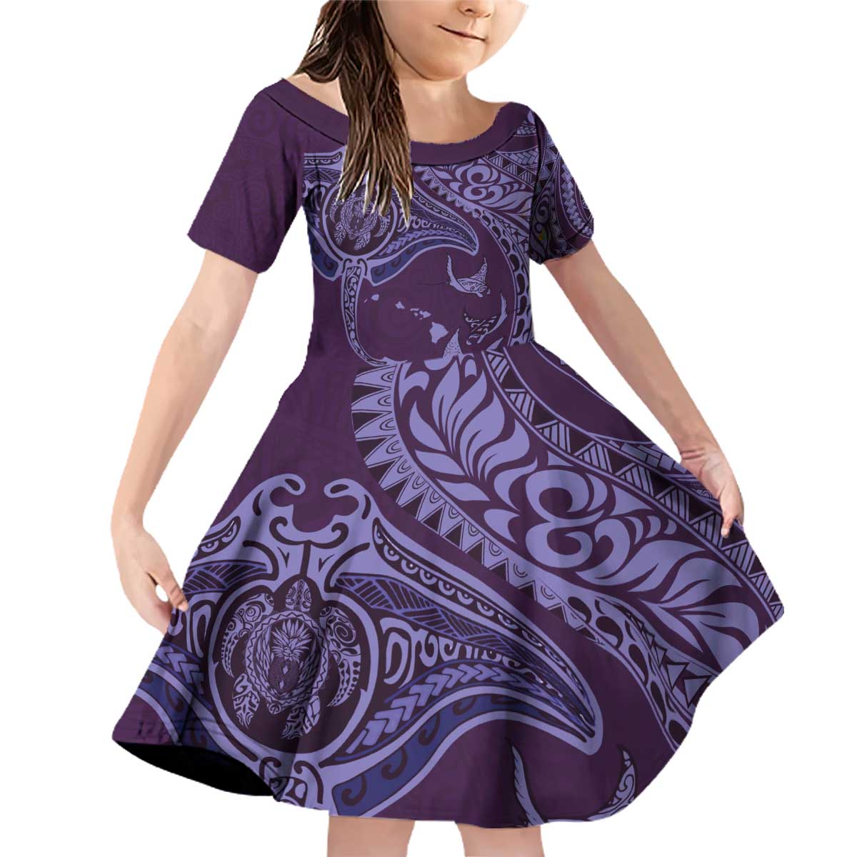 Hawaiian Manta Ray and Polynesian Tribal Tattoo Family Matching Off Shoulder Short Dress and Hawaiian Shirt Purple Color LT03 Daughter's Dress Purple - Polynesian Pride