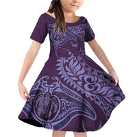 Hawaiian Manta Ray and Polynesian Tribal Tattoo Family Matching Off Shoulder Short Dress and Hawaiian Shirt Purple Color LT03 Daughter's Dress Purple - Polynesian Pride