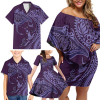Hawaiian Manta Ray and Polynesian Tribal Tattoo Family Matching Off Shoulder Short Dress and Hawaiian Shirt Purple Color LT03 - Polynesian Pride