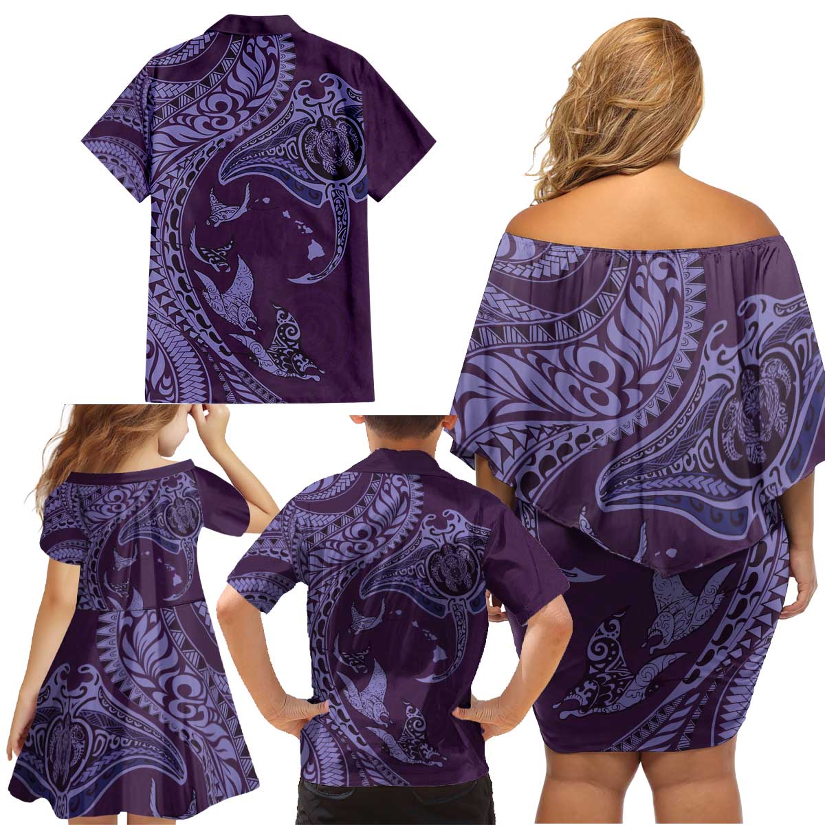 Hawaiian Manta Ray and Polynesian Tribal Tattoo Family Matching Off Shoulder Short Dress and Hawaiian Shirt Purple Color LT03 - Polynesian Pride