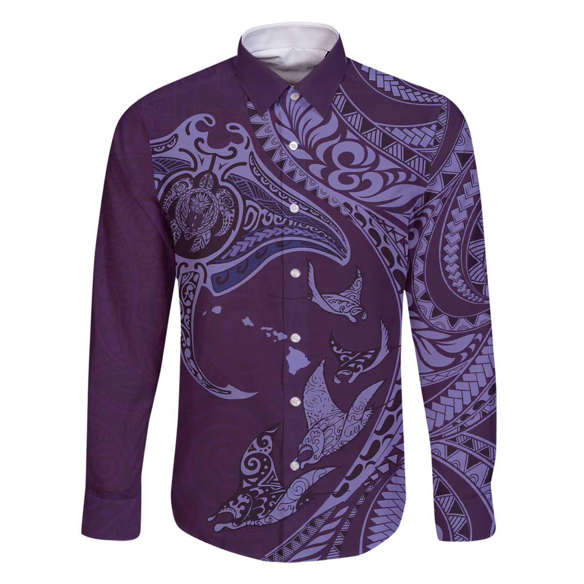 Hawaiian Manta Ray and Polynesian Tribal Tattoo Family Matching Off Shoulder Short Dress and Hawaiian Shirt Purple Color LT03 Dad's Shirt - Long Sleeve Purple - Polynesian Pride