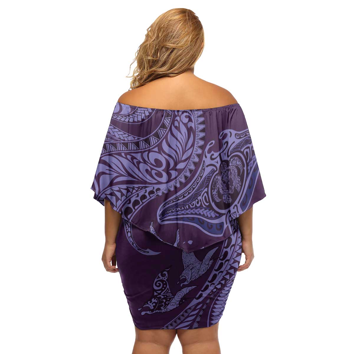 Hawaiian Manta Ray and Polynesian Tribal Tattoo Family Matching Off Shoulder Short Dress and Hawaiian Shirt Purple Color LT03 - Polynesian Pride