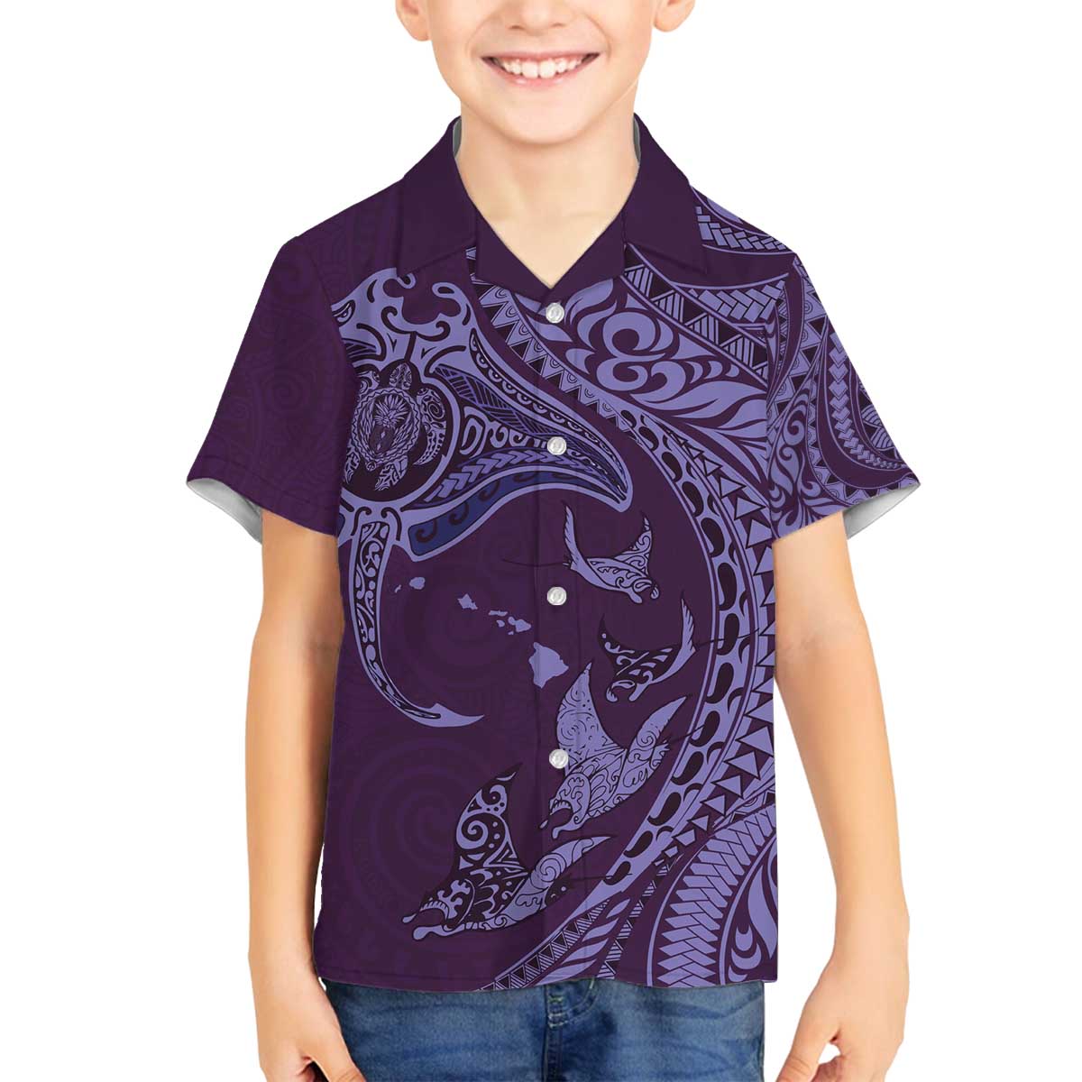 Hawaiian Manta Ray and Polynesian Tribal Tattoo Family Matching Off Shoulder Short Dress and Hawaiian Shirt Purple Color LT03 Son's Shirt Purple - Polynesian Pride