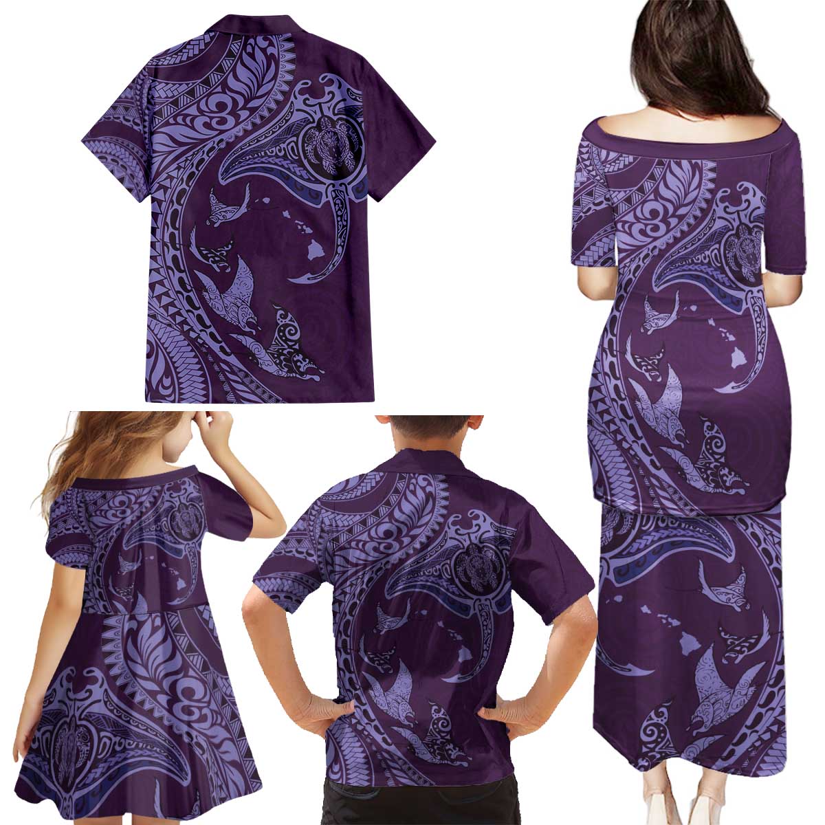 Hawaiian Manta Ray and Polynesian Tribal Tattoo Family Matching Puletasi and Hawaiian Shirt Purple Color LT03 - Polynesian Pride