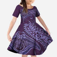 Hawaiian Manta Ray and Polynesian Tribal Tattoo Family Matching Short Sleeve Bodycon Dress and Hawaiian Shirt Purple Color LT03 Daughter's Dress Purple - Polynesian Pride