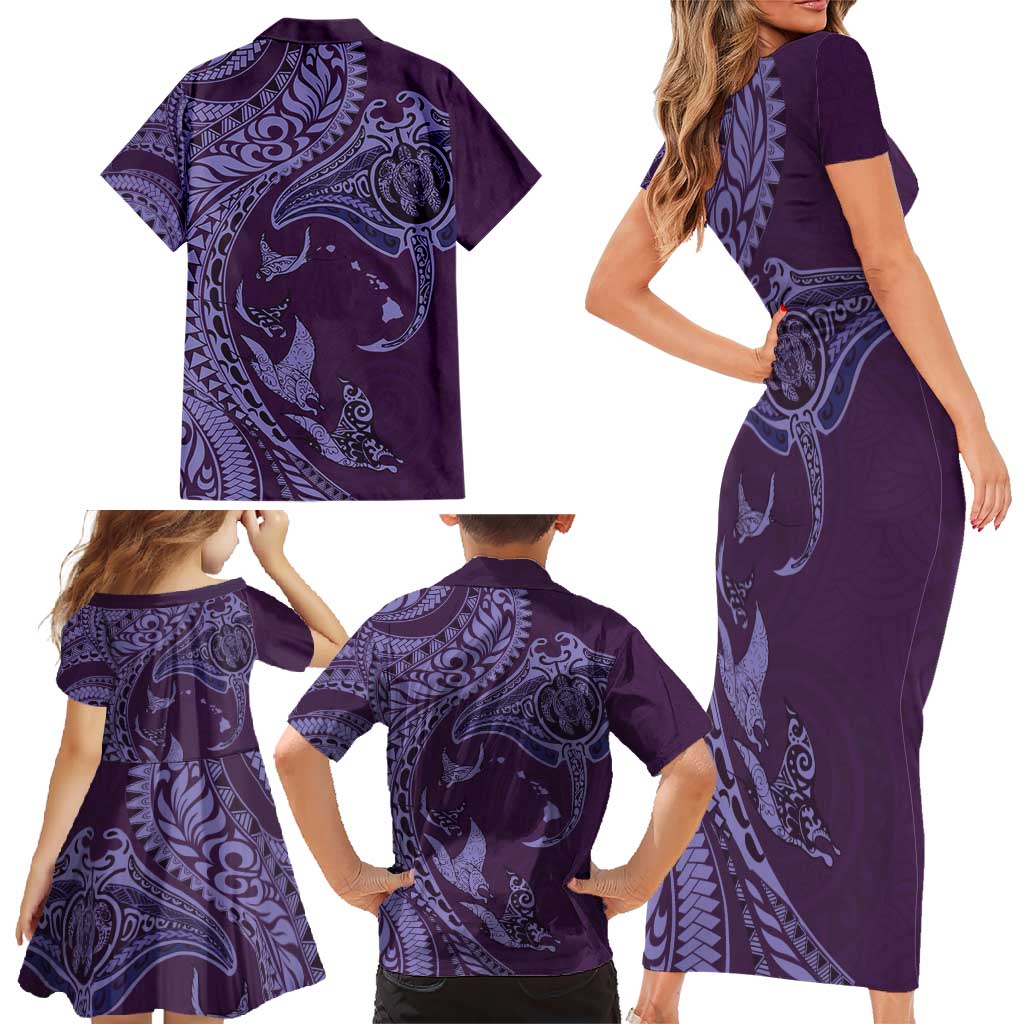 Hawaiian Manta Ray and Polynesian Tribal Tattoo Family Matching Short Sleeve Bodycon Dress and Hawaiian Shirt Purple Color LT03 - Polynesian Pride