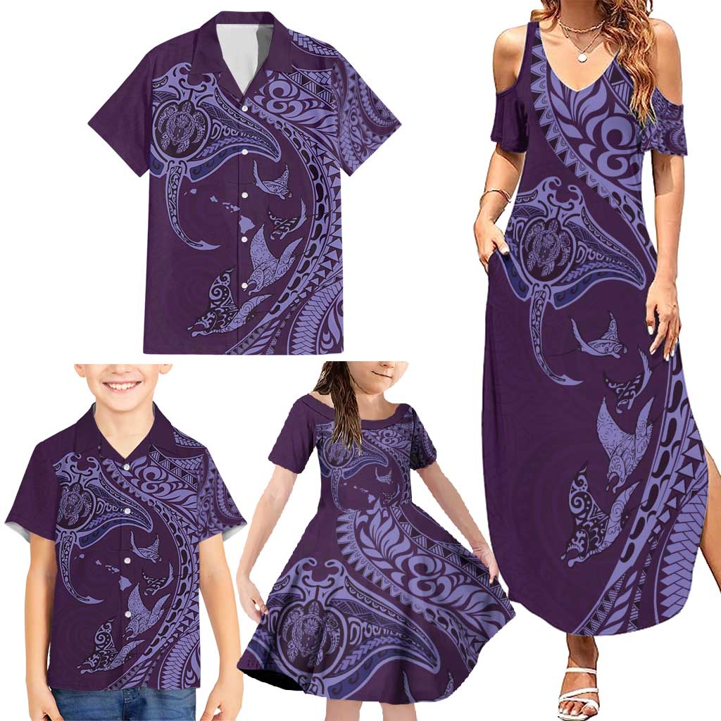 Hawaiian Manta Ray and Polynesian Tribal Tattoo Family Matching Summer Maxi Dress and Hawaiian Shirt Purple Color LT03 - Polynesian Pride
