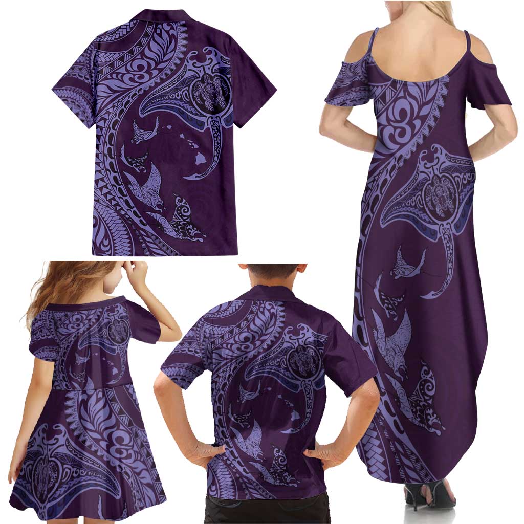 Hawaiian Manta Ray and Polynesian Tribal Tattoo Family Matching Summer Maxi Dress and Hawaiian Shirt Purple Color LT03 - Polynesian Pride