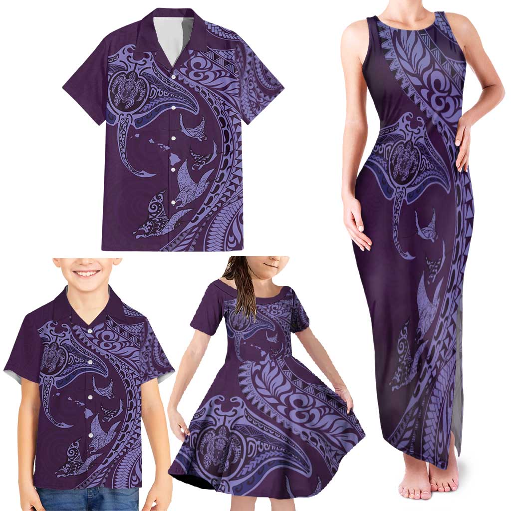 Hawaiian Manta Ray and Polynesian Tribal Tattoo Family Matching Tank Maxi Dress and Hawaiian Shirt Purple Color LT03 - Polynesian Pride