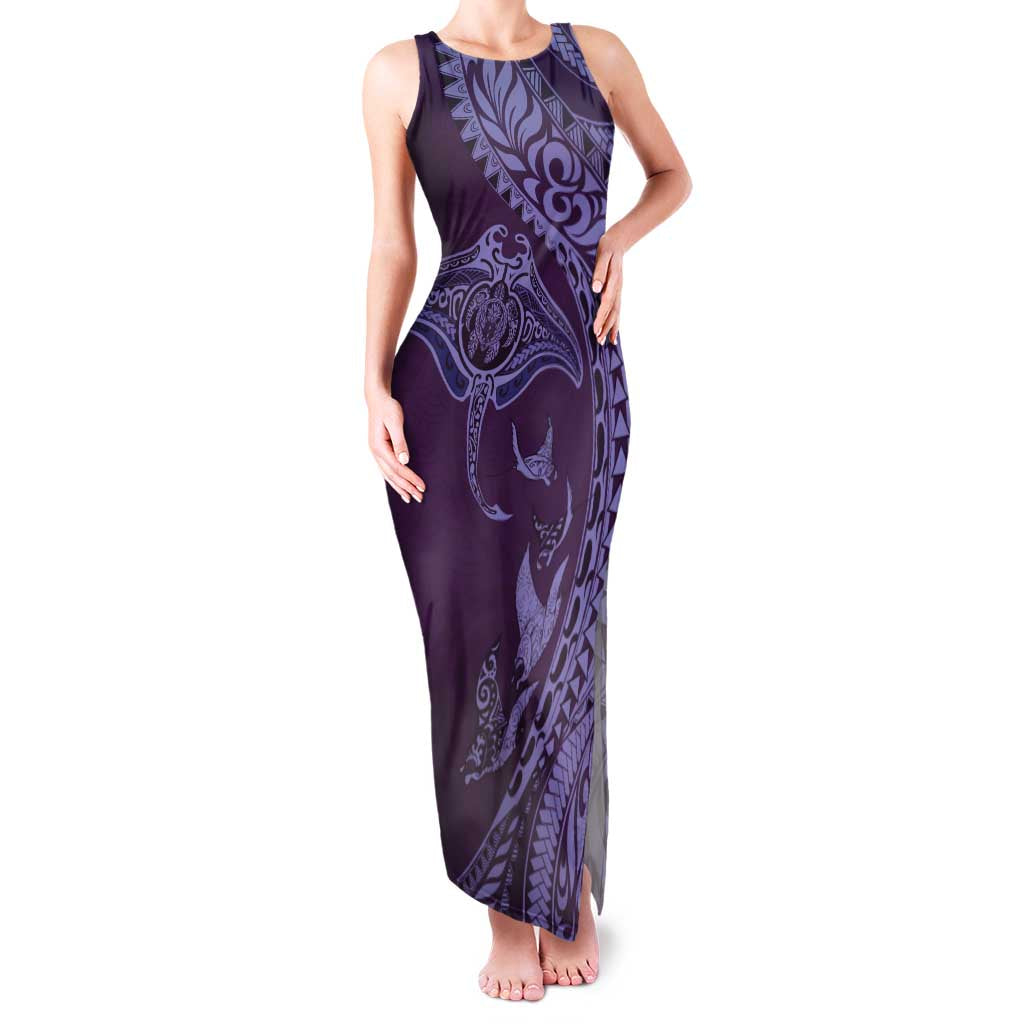 Hawaiian Manta Ray and Polynesian Tribal Tattoo Family Matching Tank Maxi Dress and Hawaiian Shirt Purple Color LT03 Mom's Dress Purple - Polynesian Pride