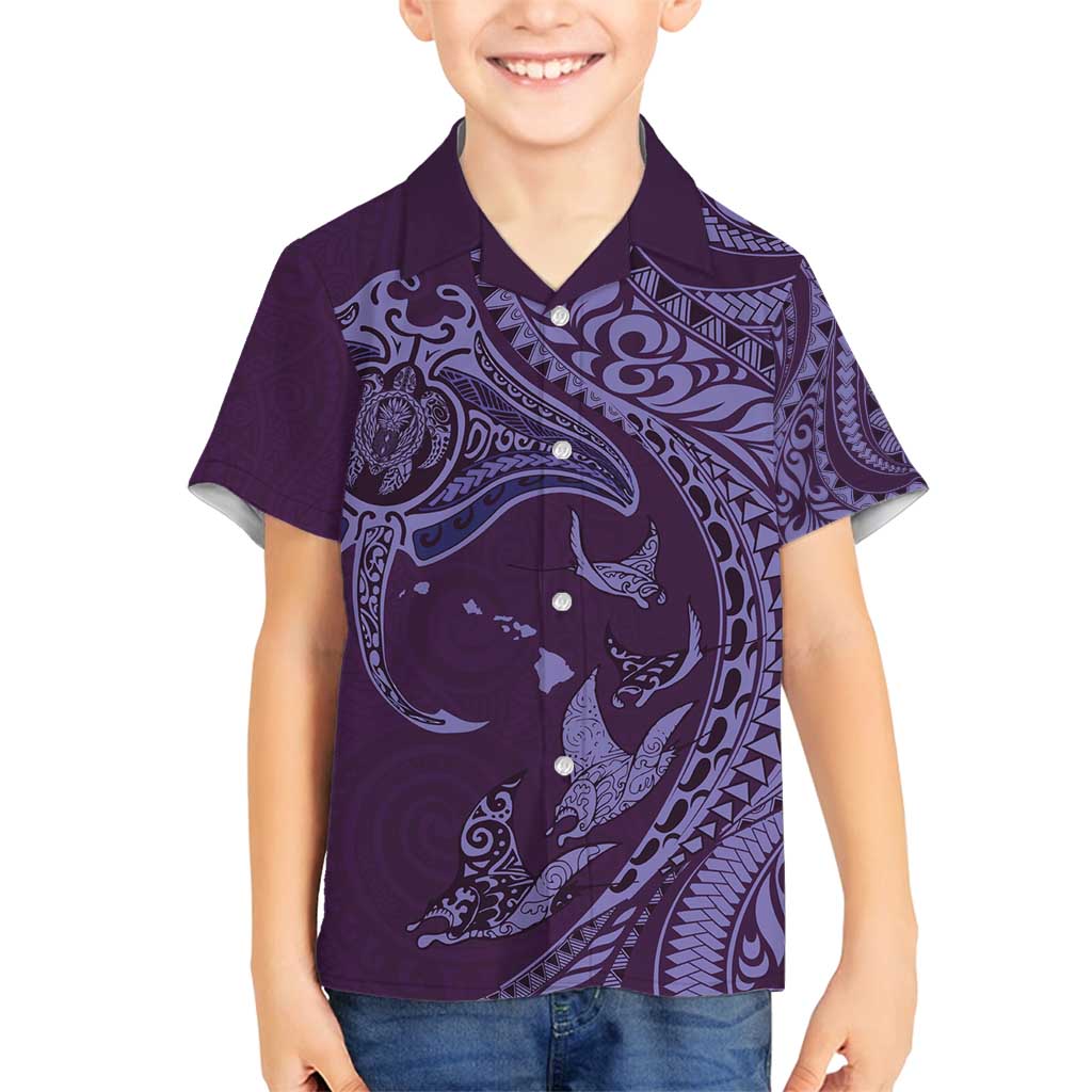 Hawaiian Manta Ray and Polynesian Tribal Tattoo Family Matching Tank Maxi Dress and Hawaiian Shirt Purple Color LT03 Son's Shirt Purple - Polynesian Pride